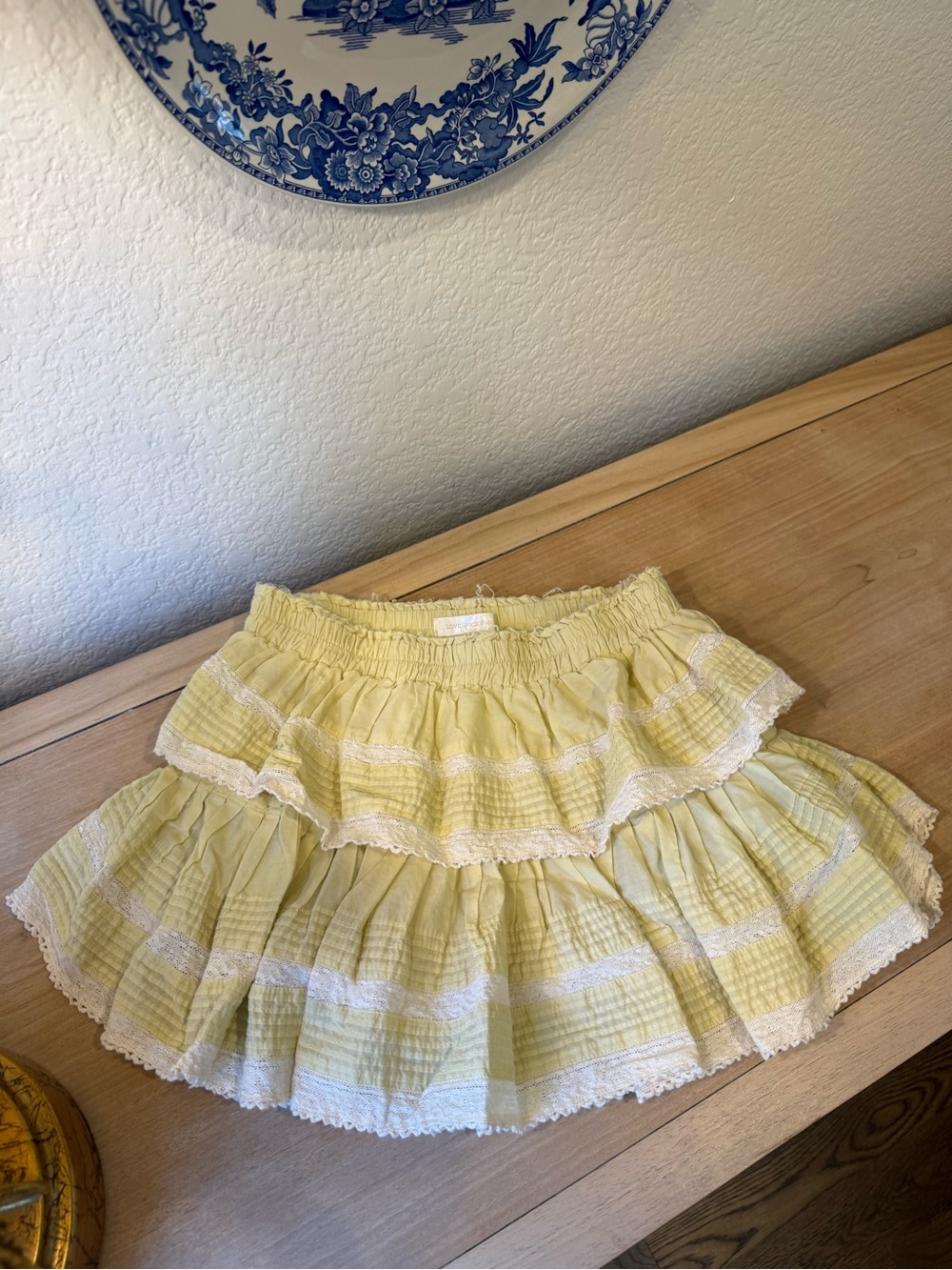 LoveShackFancy Women’s Yellow White Lace Tiered Ruffle Mini Skirt